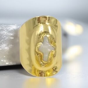 18k Gold Plated Hammered Keishi Freshwater Pearl Byzantine Cross Wide Band Ring